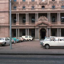 Train strike parking in front of Customs House Sydney, 1984