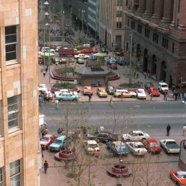 Aerial view of the train strike parking in Martin Place Sydney, 1984