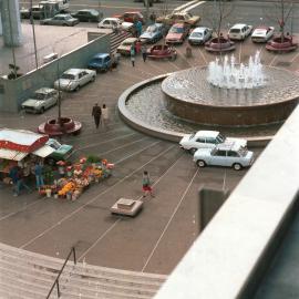 Train strike parking around the fountain in Martin Place Sydney, 1984
