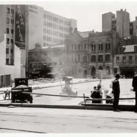 Roadworks, street widening for Martin Place extension, Elizabeth and Phillip Streets, Sydney, 1934