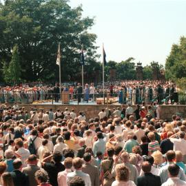 Crowds listening to a speech by Queen Elizabeth II at the Palace Garden Gate Sydney, 1986