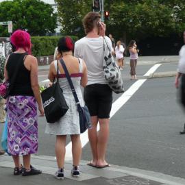 Waiting to cross the street, corner Enmore Road and King Street Newtown, 2009