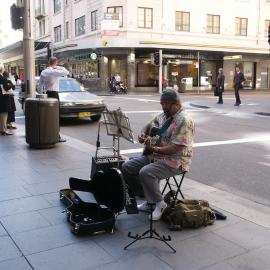 Buskers, plays guitar, Market and Castlereagh Streets Sydney, 2004