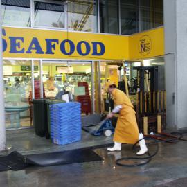 Fish market's employee hosing area outside shop, Bank Street Pyrmont, 2003