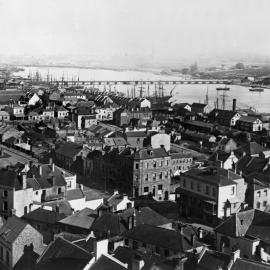 Aerial view of Darling Harbour and Pyrmont Bridge, 1870s