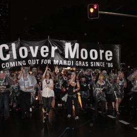 Clover Moore banner and supporters, Sydney Gay & Lesbian Mardi Gras (SGLMG), 2012