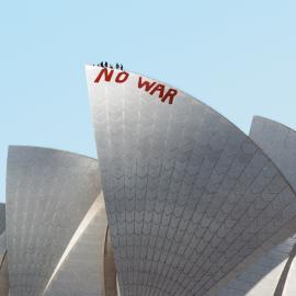 No War painted on Opera House sails, Circular Quay Sydney, 2003