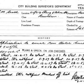 Building Inspectors Card - New hotel, King and Alice Streets Newtown, 1958