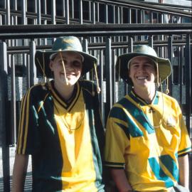 Kids with cork on hats at Martin Place Olympic Live Site Sydney, 2000