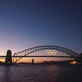 Harbour Bridge and Olympic Rings at twilight, from the Opera House, Bennelong Point, 2000