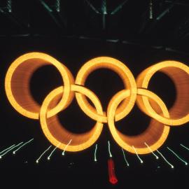 Olympic rings on the Harbour Bridge at night, Sydney Harbour Sydney, 2000
