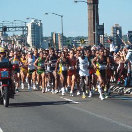 Competitors in the Marathon cross the Sydney Harbour Bridge, 2000