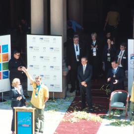 Athletes' interviews at Sydney Town Hall steps, 2000