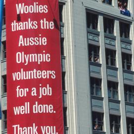 Volunteers 'thank you' banner, Woolworths Building, George Street, Sydney, 2000