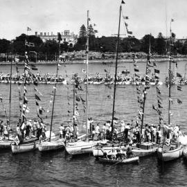 Decorated boats, Queen Elizabeth II, Royal Tour, Sydney Harbour, 1954