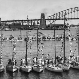 Decorated boats, Queen Elizabeth II royal visit, Sydney Harbour, 1954